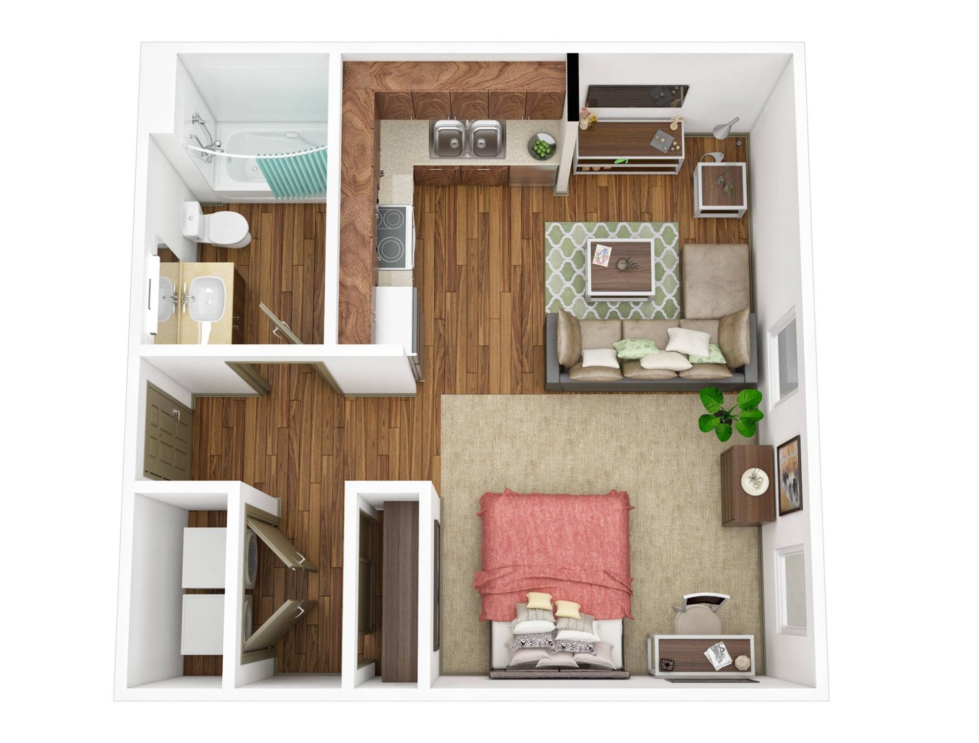 A 3D image of the Studio – Platinum floorplan, a 482 squarefoot, 0 bed / 1 bath unit