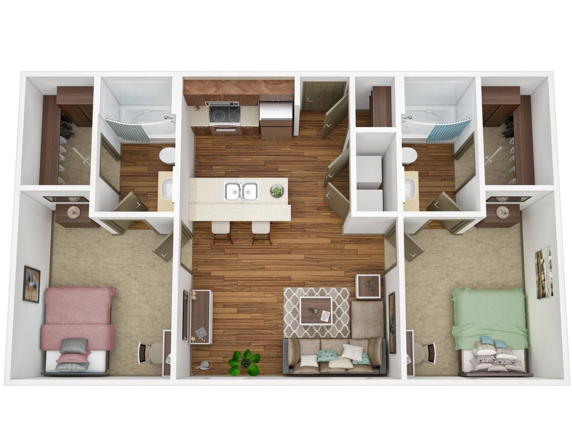 A 3D image of the 2BR/2BA – Platinum floorplan, a 912 squarefoot, 2 bed / 2 bath unit
