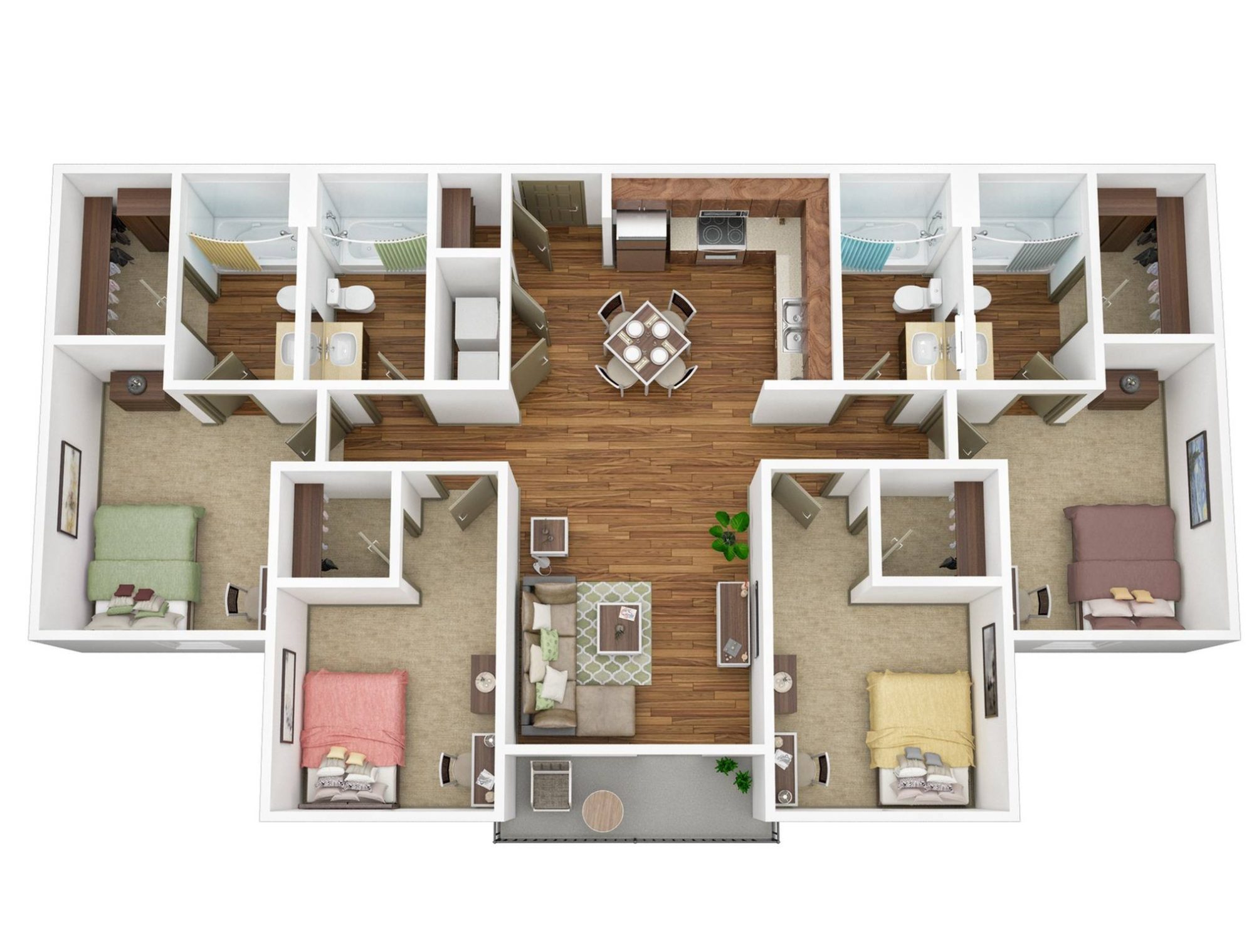 A 3D image of the 4BR/4BA – Platinum floorplan, a 1472 squarefoot, 4 bed / 4 bath unit