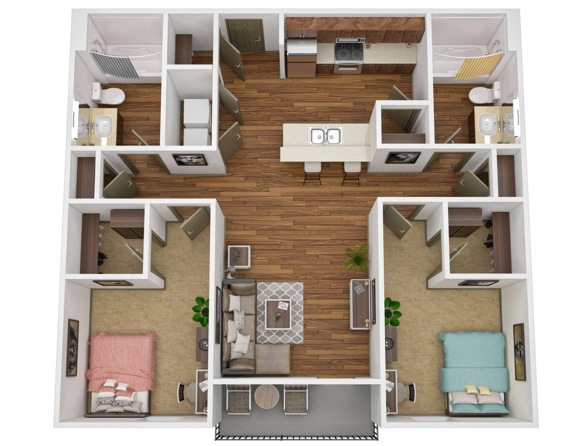 A 3D image of the 2BR/2BA – Platinum Deluxe floorplan, a 974 squarefoot, 2 bed / 2 bath unit