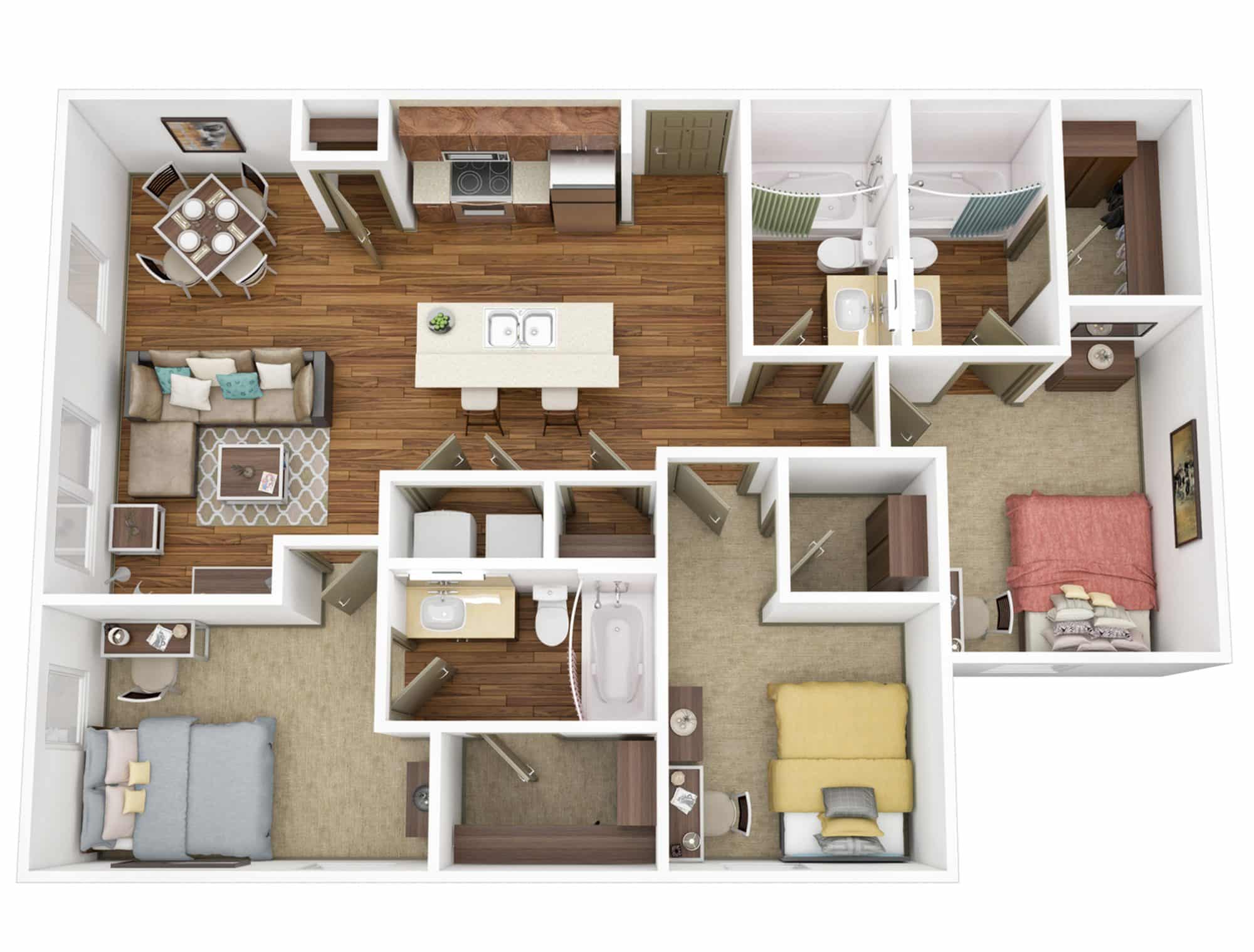 A 3D image of the 3BR/3BA – Platinum floorplan, a 1242 squarefoot, 3 bed / 3 bath unit