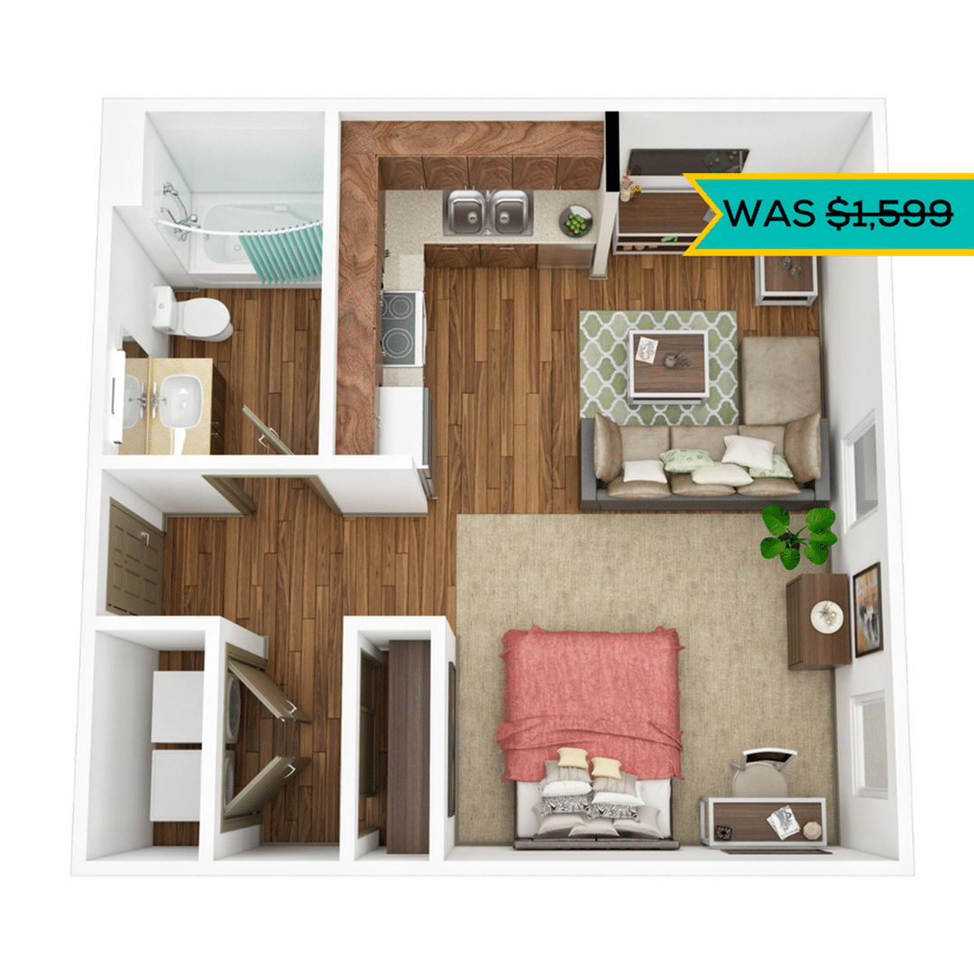 A 3D image of the Studio – Platinum floorplan, a 482 squarefoot, 0 bed / 1 bath unit