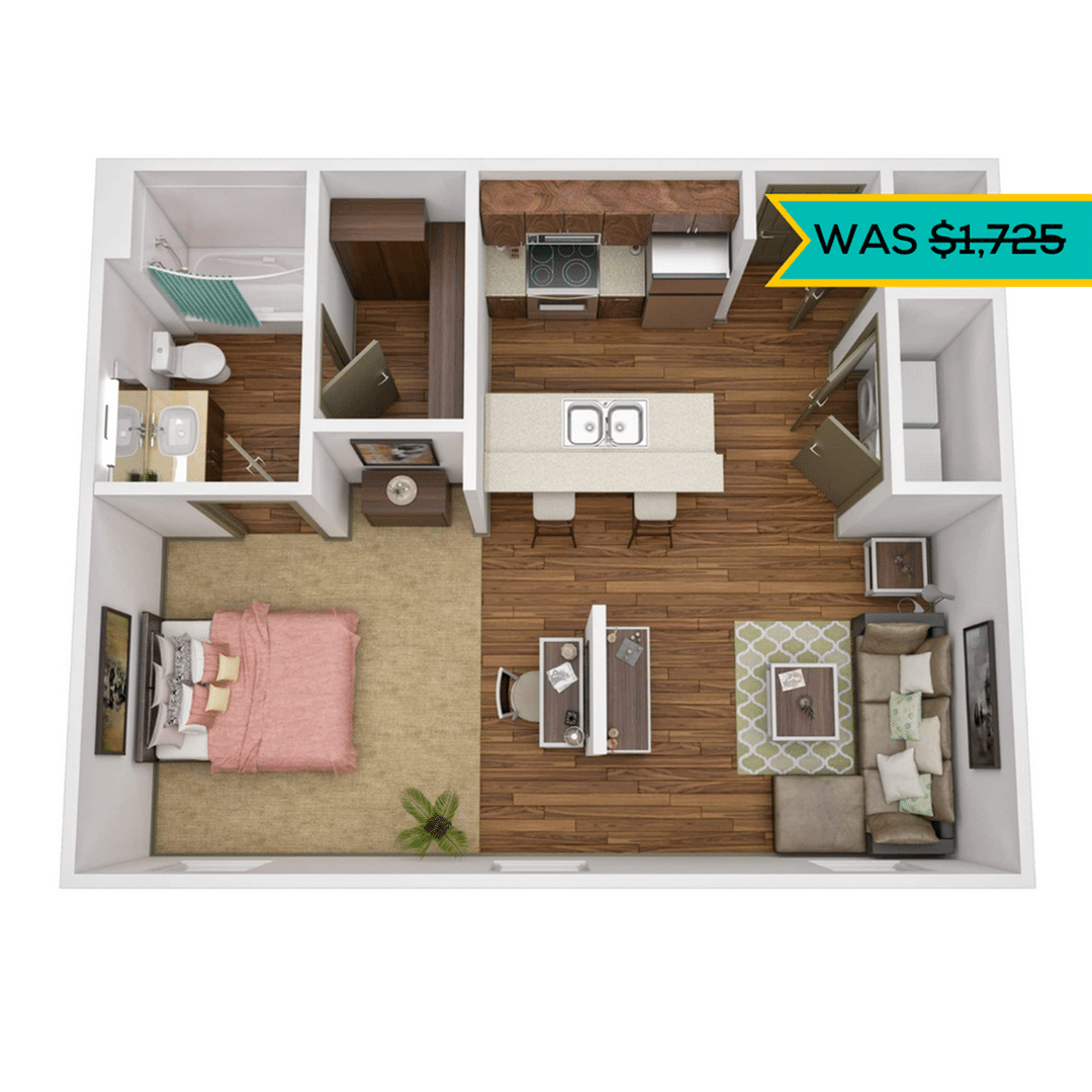 A 3D image of the Studio – Platinum Deluxe floorplan, a 630 squarefoot, 0 bed / 1 bath unit