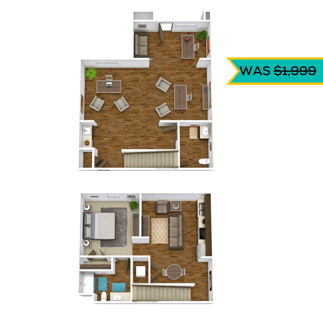 A 3D image of the Loft Unit – Platinum floorplan, a 1792 squarefoot, 0 bed / 1 bath unit