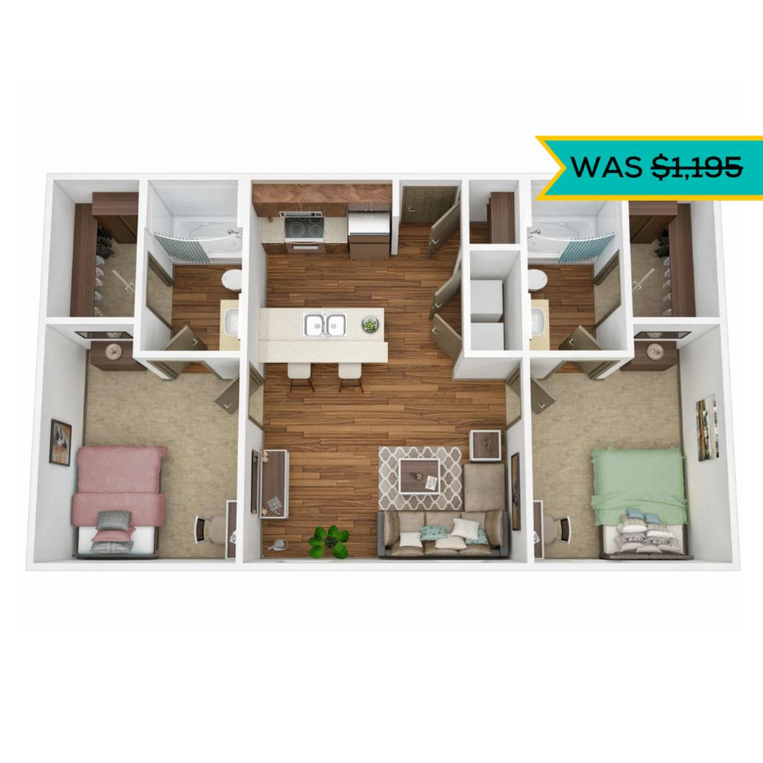 A 3D image of the 2BR/2BA – Platinum floorplan, a 912 squarefoot, 2 bed / 2 bath unit