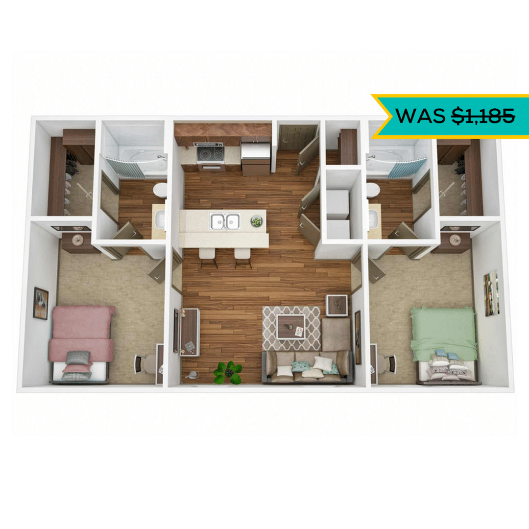 A 3D image of the 2BR/2BA – Silver floorplan, a 912 squarefoot, 2 bed / 2 bath unit