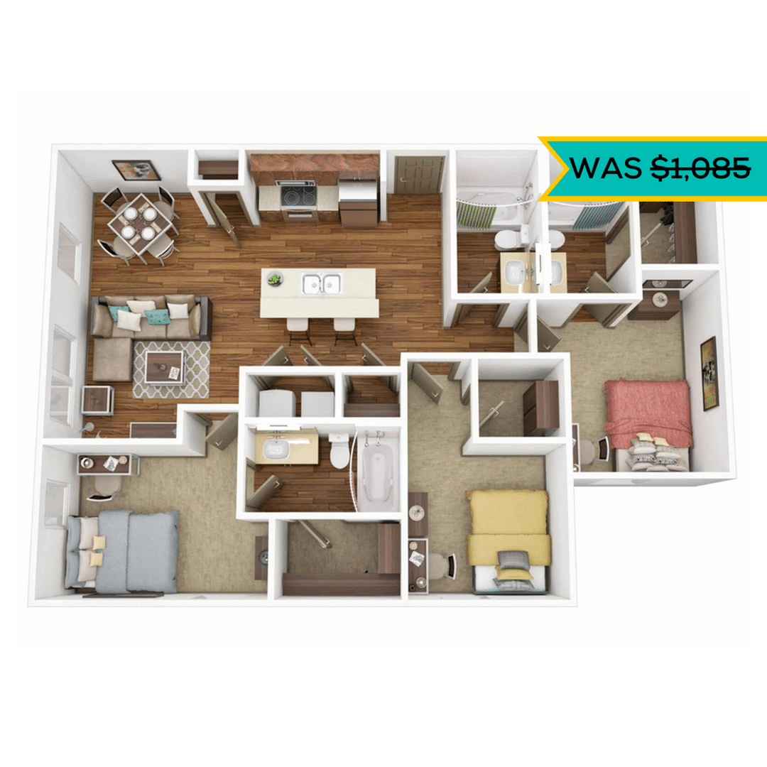 A 3D image of the 3BR/3BA – Platinum floorplan, a 1242 squarefoot, 3 bed / 3 bath unit