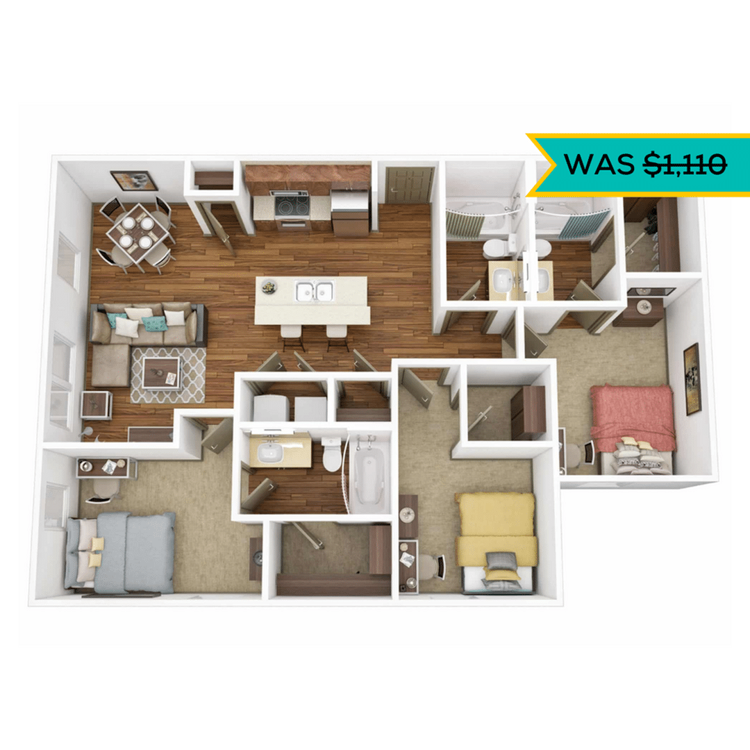 A 3D image of the 3BR/3BA – Platinum Deluxe floorplan, a 1260 squarefoot, 3 bed / 3 bath unit