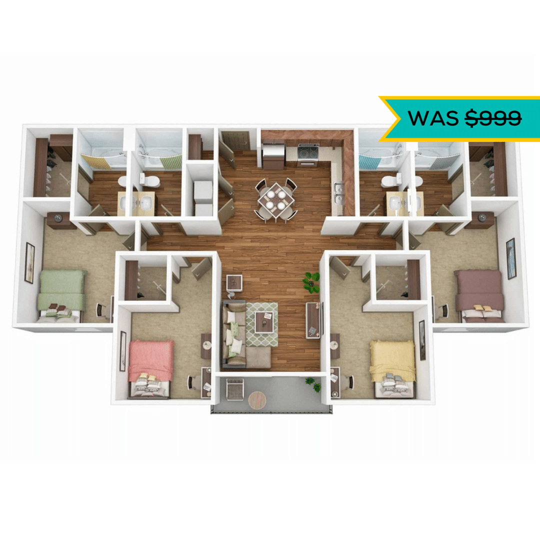 A 3D image of the 4BR/4BA – Silver floorplan, a 1472 squarefoot, 4 bed / 4 bath unit