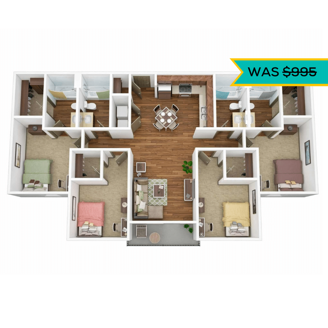 A 3D image of the 4BR/4BA – Platinum floorplan, a 1472 squarefoot, 4 bed / 4 bath unit