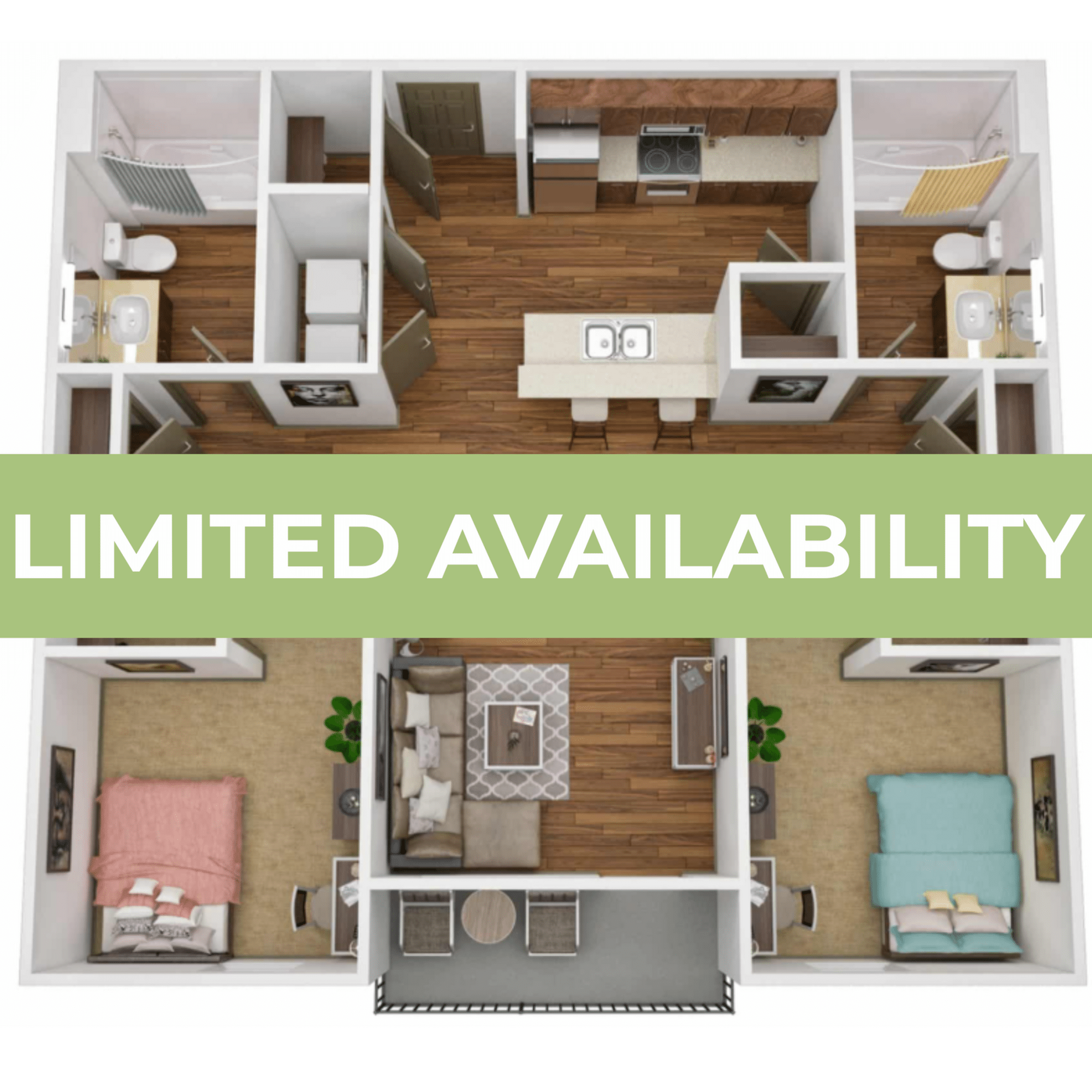 A 3D image of the 2BR/2BA – Platinum Deluxe floorplan, a 974 squarefoot, 2 bed / 2 bath unit