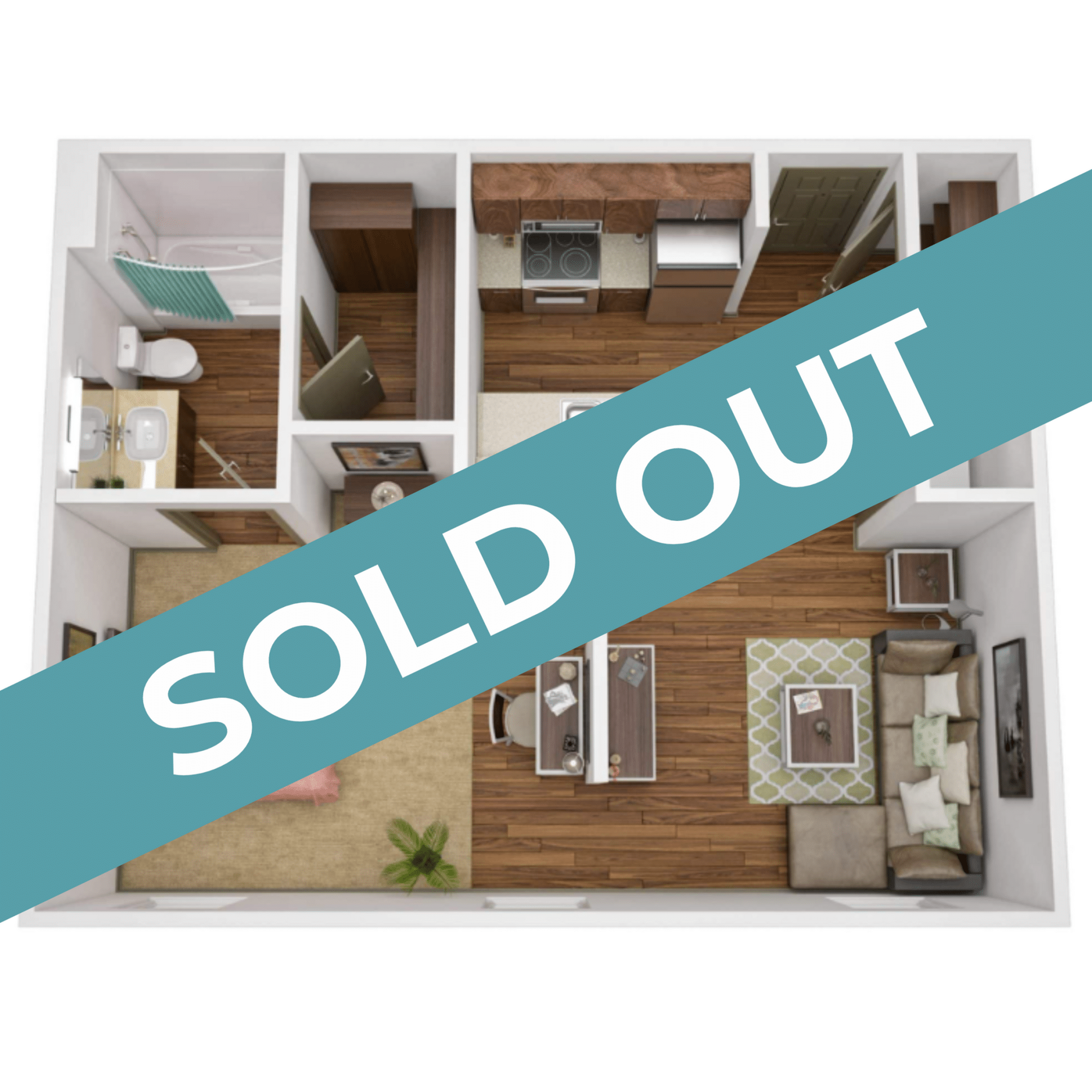 A 3D image of the Studio – Platinum Deluxe floorplan, a 630 squarefoot, 0 bed / 1 bath unit