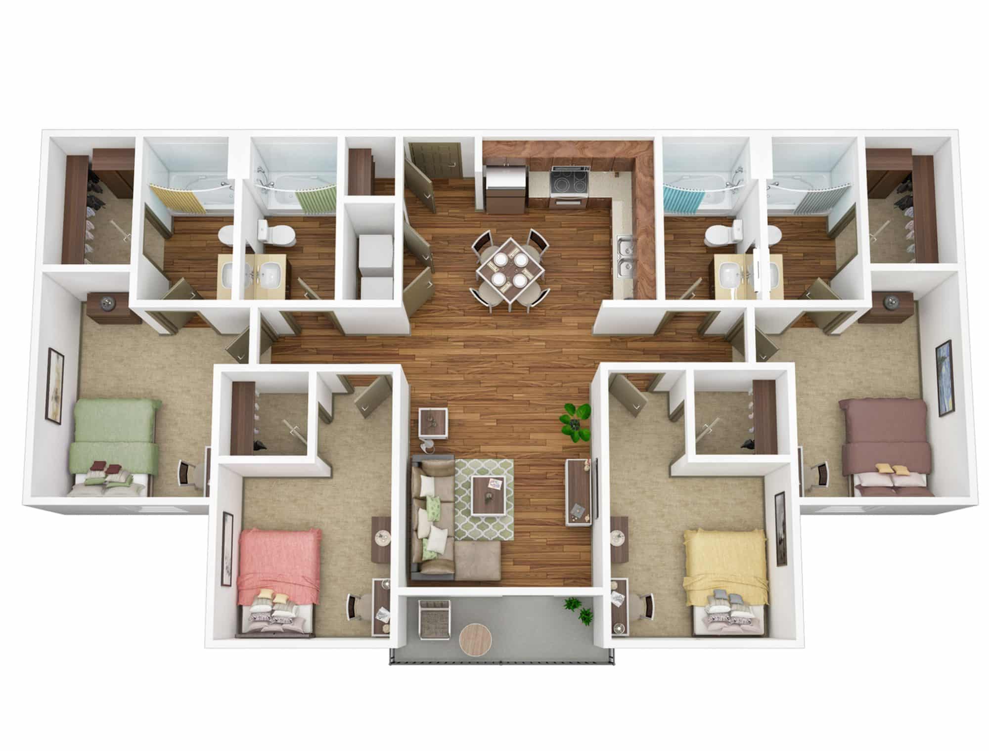 A 3D image of the 4BR/4BA – Horizon floorplan, a 1472 squarefoot, 4 bed / 4 bath unit