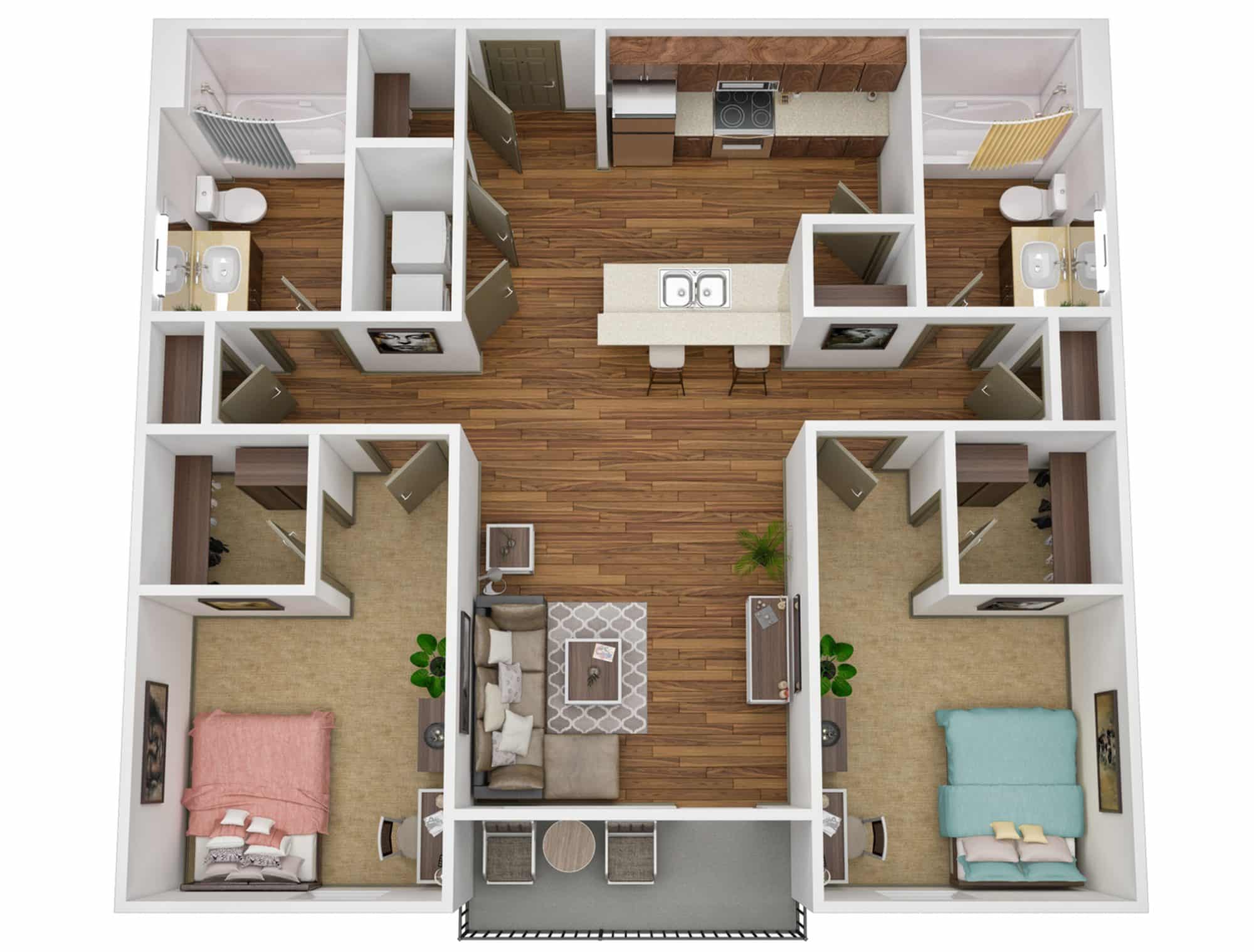 A 3D image of the 2BR/2BA – Signature Cove floorplan, a 974 squarefoot, 2 bed / 2 bath unit