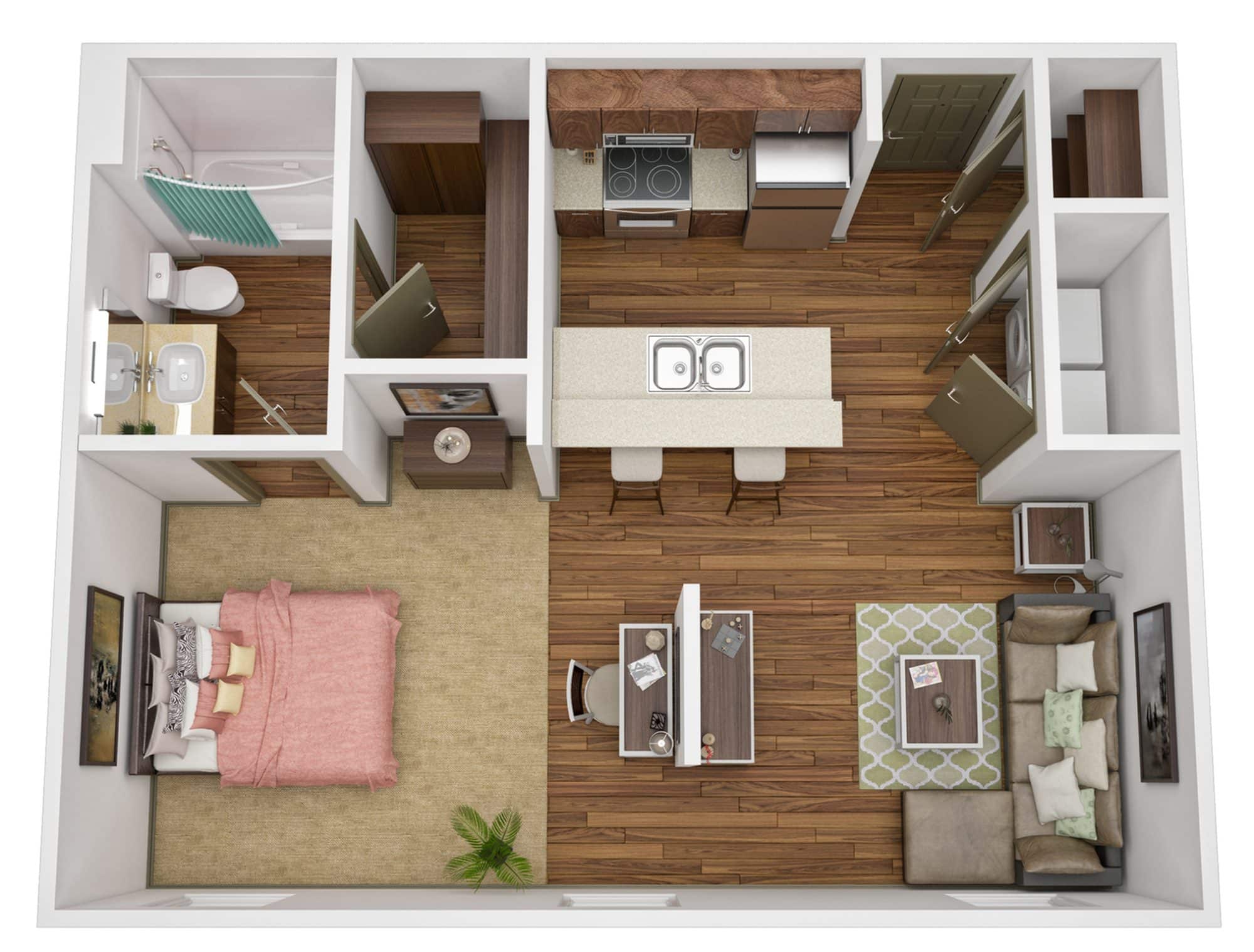 A 3D image of the Studio – Signature Retreat floorplan, a 630 squarefoot, 0 bed / 1 bath unit